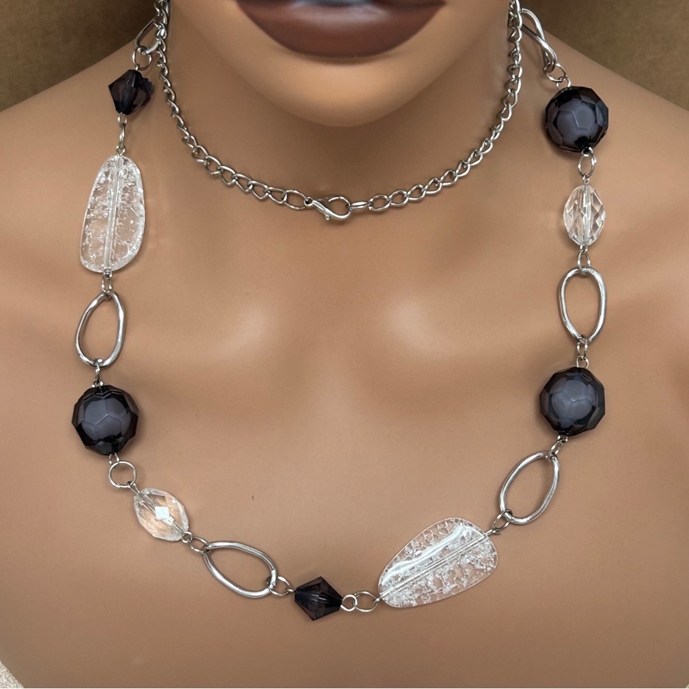 Versatile Black & Clear Crackled Beaded Long Necklace